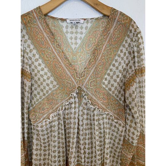 Rose Olive Boho Paisley Print Ruffle V Neck Long Sleeve Blouse‎ Top M - Picture 4 of 6
